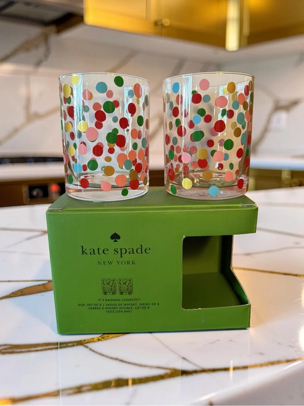 kate spade ♠️ NWT Its Raining Confetti 12 Oz Whiskey Glass Tumbler Set of 2